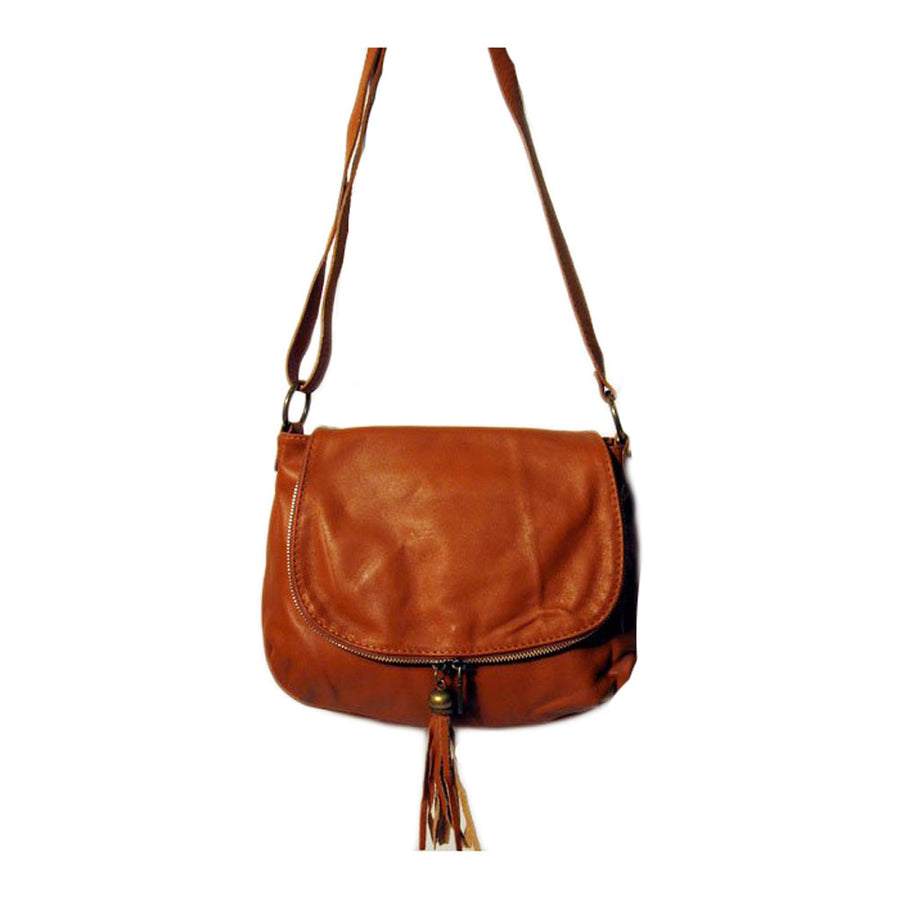 Tan Saddle Genuine Leather Tassel Crossbody Handbag