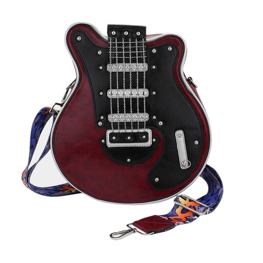 Whimsical Burgundy Guitar Shaped Novelty Crossbody Bag