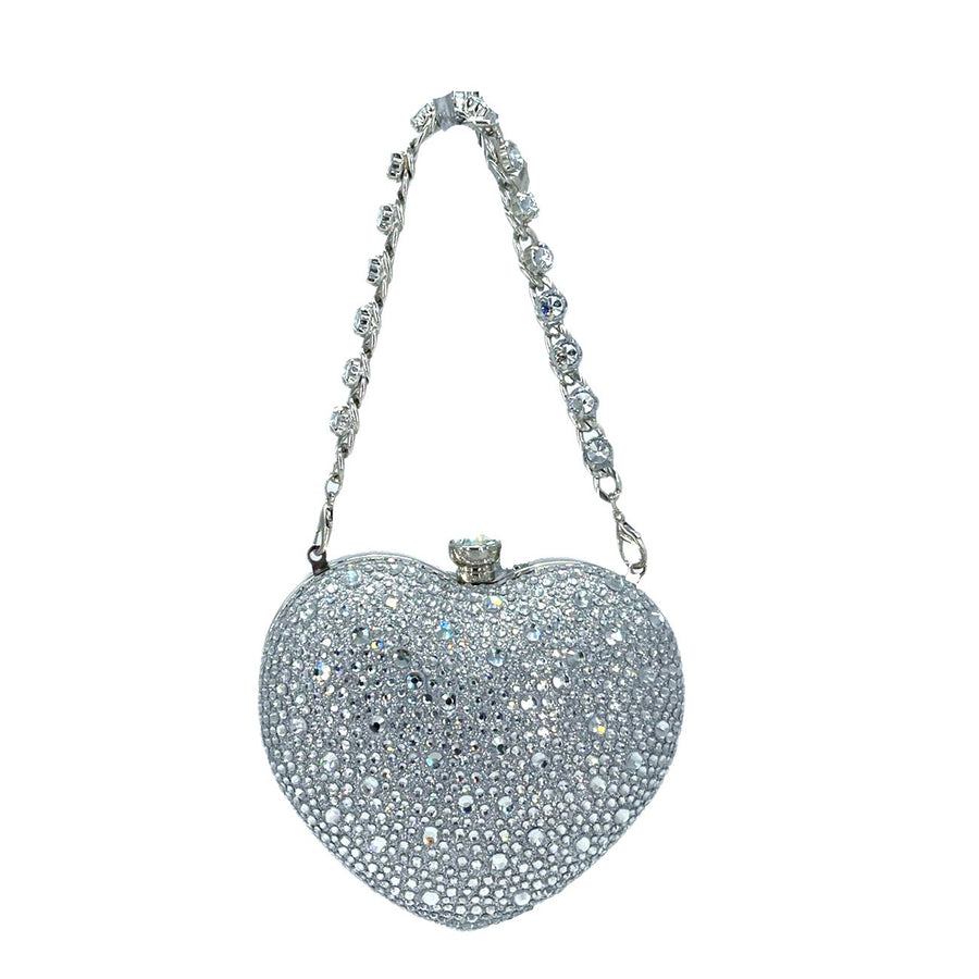 Silver Heart Shaped Stone Beaded Clutch Bag