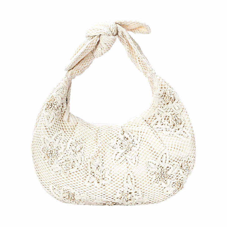 Ivory Flower Pointed Crescent Crochet Shoulder Bag