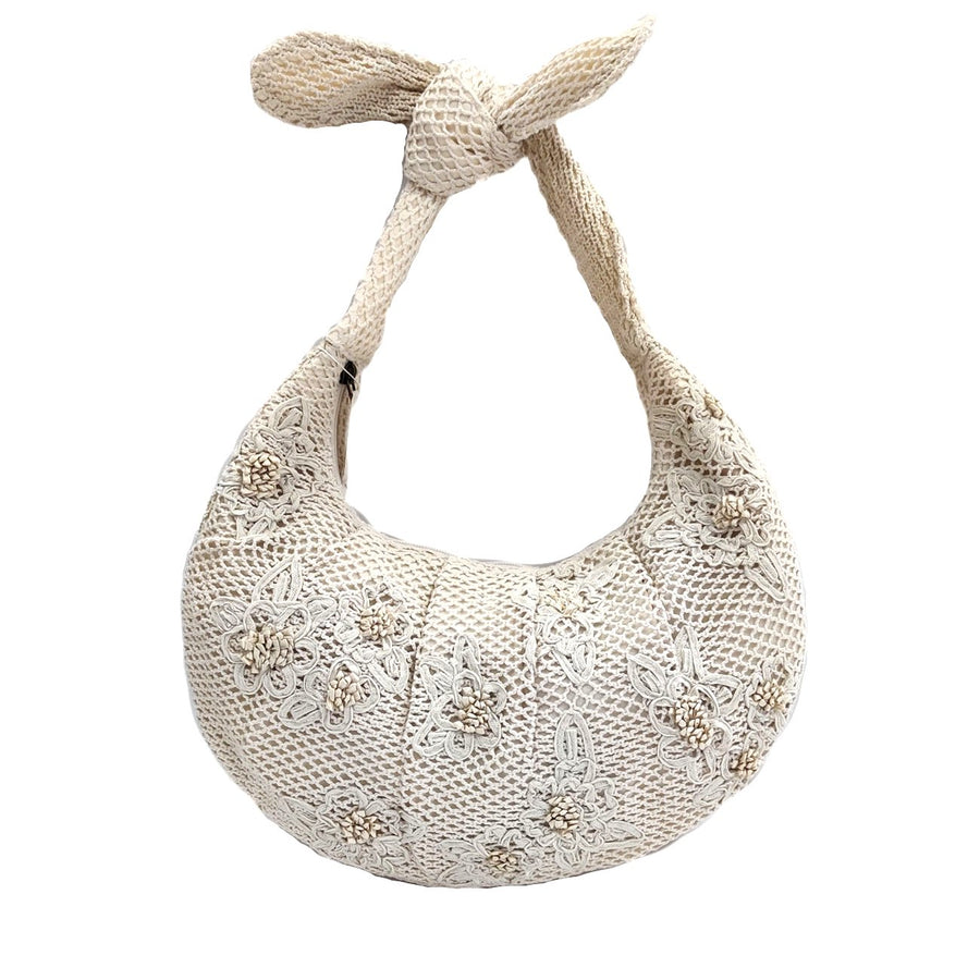 Ivory Flower Pointed Crescent Crochet Shoulder Bag