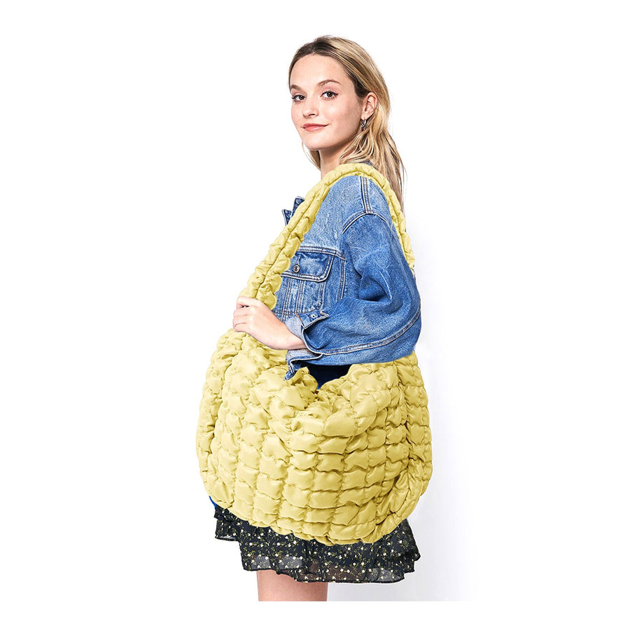 Oversized Yellow Faux Leather Quilted Puffer Shoulder Cloud Bag