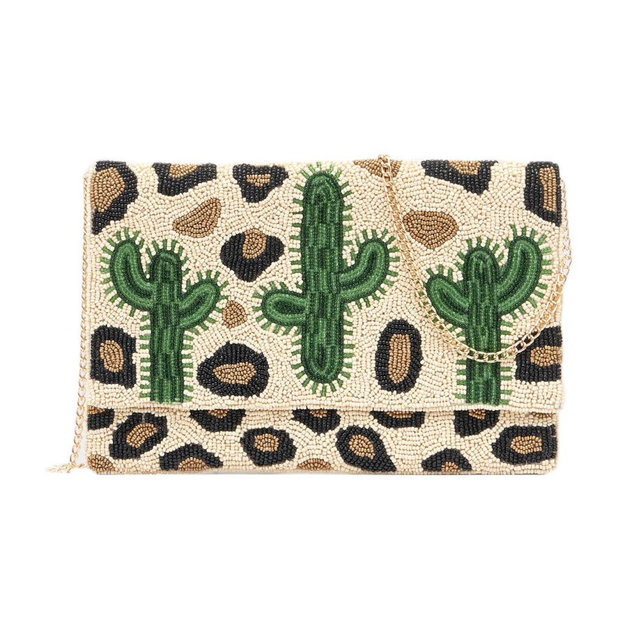 Leopard Pattern Cactus Seed Bead Clutch Crossbody Bag
