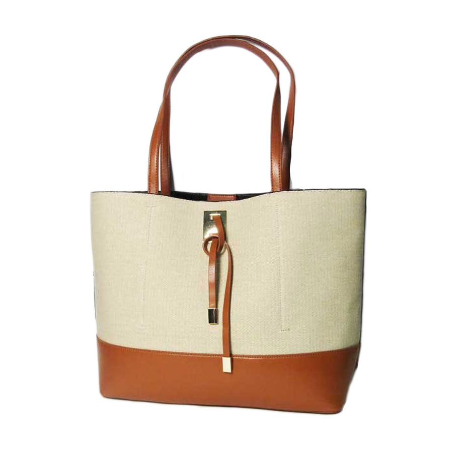 Stylish Natural Linen Camel Trim Two in One Tote Bag