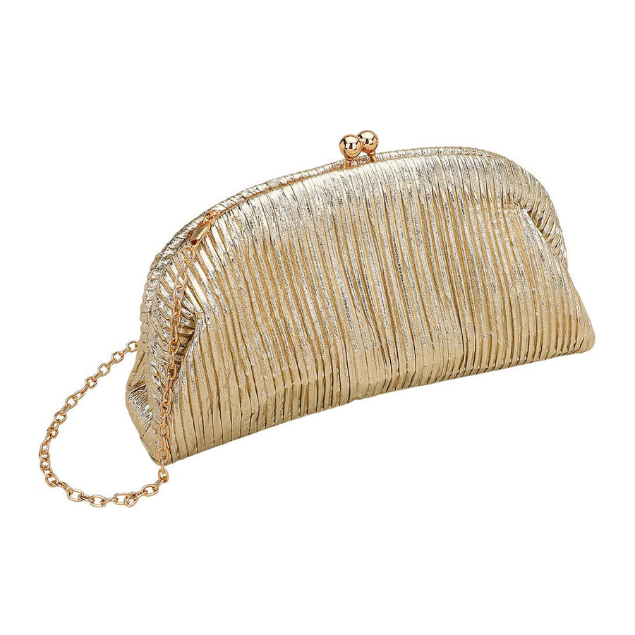 Gold Metallic Pleated Half Moon Shape Evening Clutch Bag
