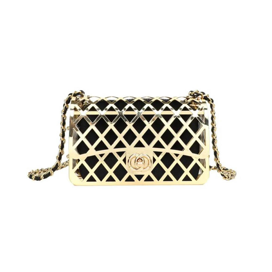 Black Gold Metal Cage Leather Clutch Bag