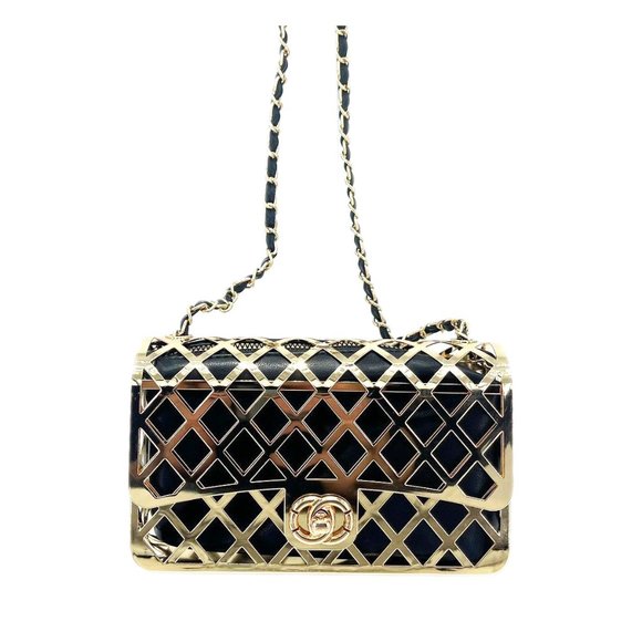 Black Gold Metal Cage Leather Clutch Bag