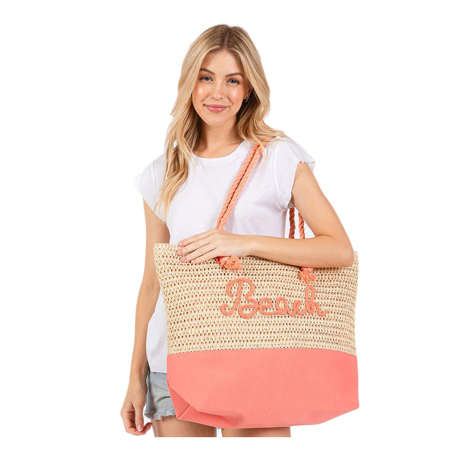 Oversize Coral BEACH Message Crochet Fabric Tote Bag