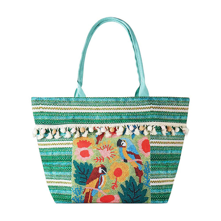 Boho Green Tropical Flower Parrot Fringe Pom Pom Tote Bag