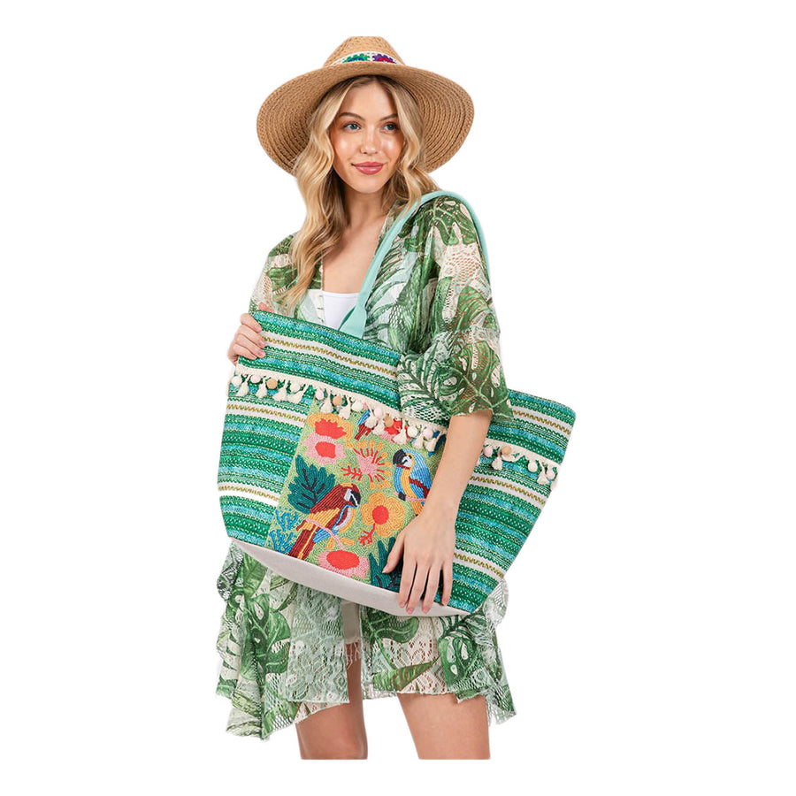 Boho Green Tropical Flower Parrot Fringe Pom Pom Tote Bag