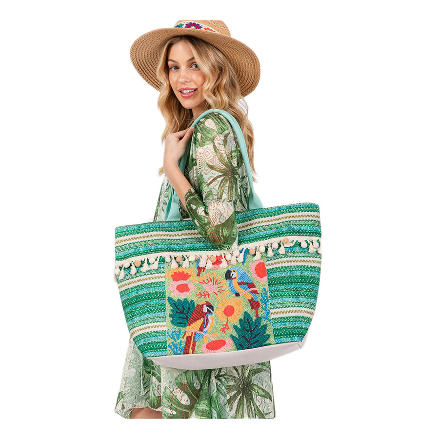 Boho Green Tropical Flower Parrot Fringe Pom Pom Tote Bag