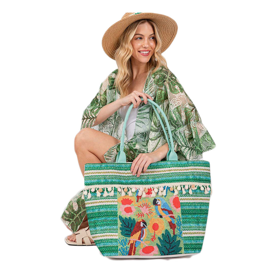 Boho Green Tropical Flower Parrot Fringe Pom Pom Tote Bag