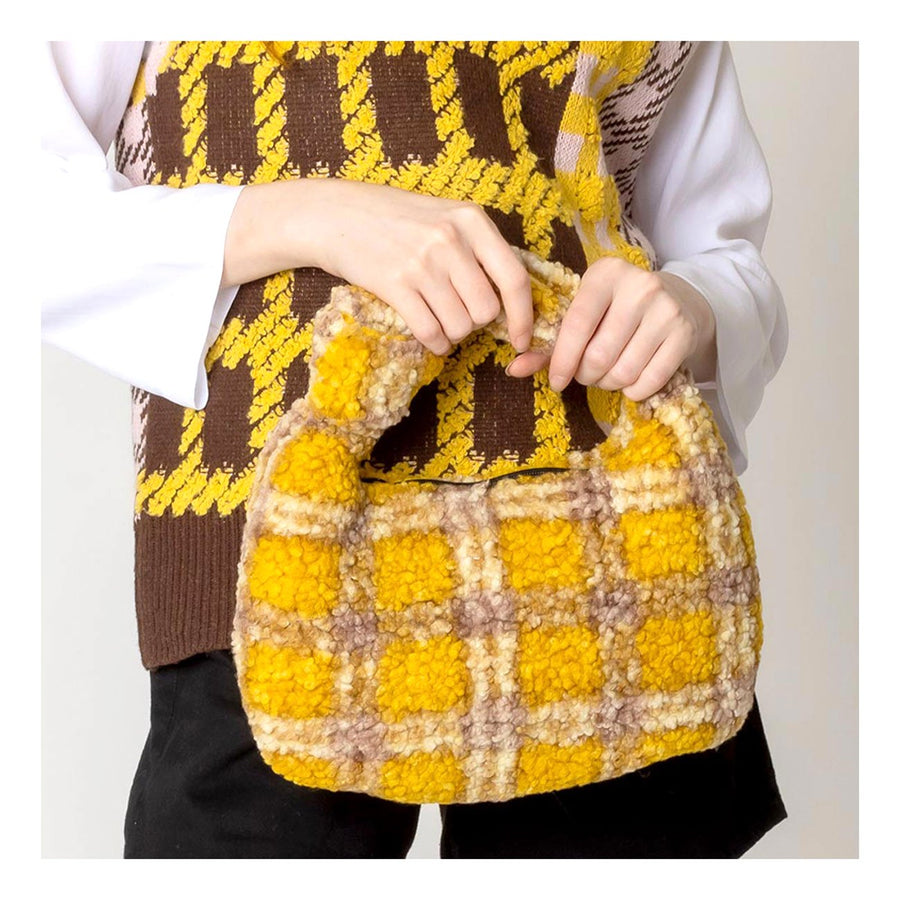 Soft Mustard Plaid Check Sherpa Knot Bag