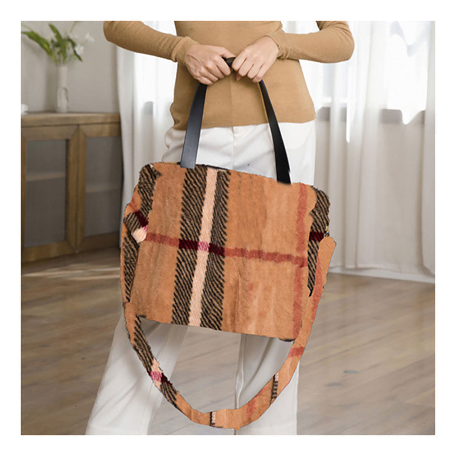Tan Fluffy Furry Plaid Pattern Shoulder Tote Bag