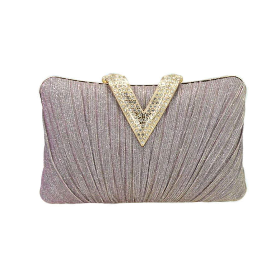 Sparkle Purple Satin Stone Paved V Fold Evening Clutch Bag