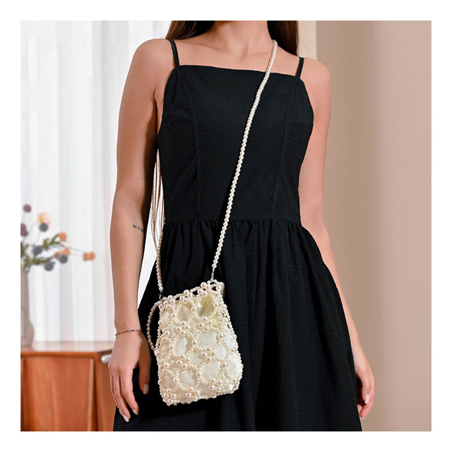 Romantic Black Pearl Beaded Drawstring Mini Shoulder Evening Bag