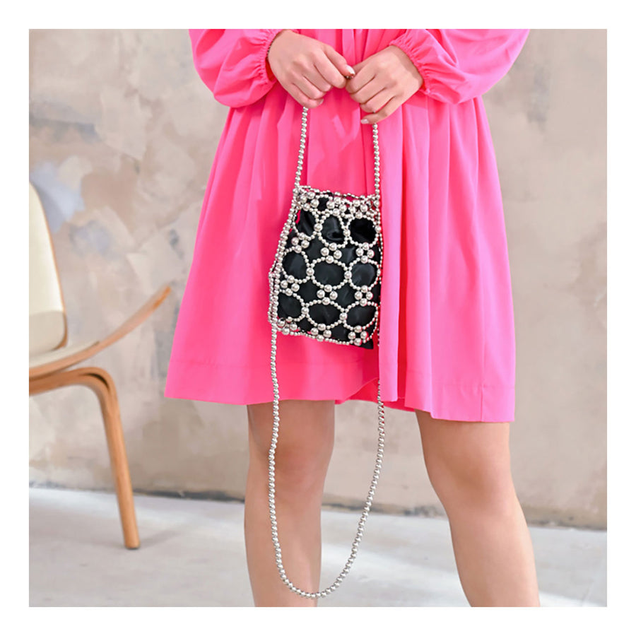 Romantic Black Pearl Beaded Drawstring Mini Shoulder Evening Bag