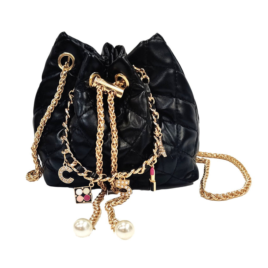 Iconic No 5 Charm Chain Black Quilted Drawstring Mini Bucket Bag