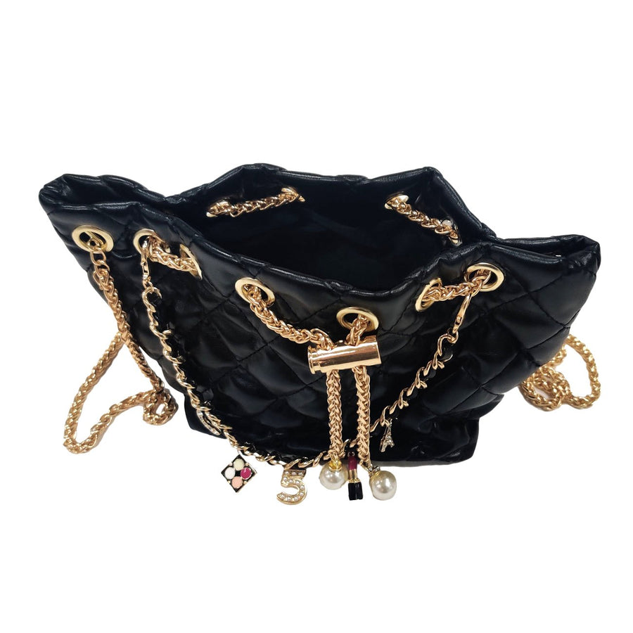 Iconic No 5 Charm Chain Black Quilted Drawstring Mini Bucket Bag