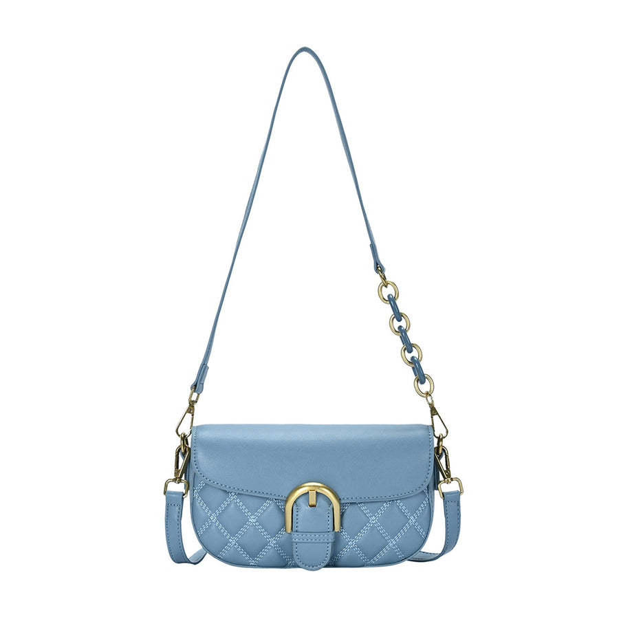 Blue Buckle Flap Quilted Leather Crossbody Bag