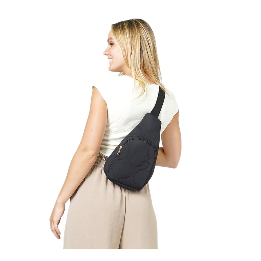 Beige Wave Quilted Sling Crossbody Bag