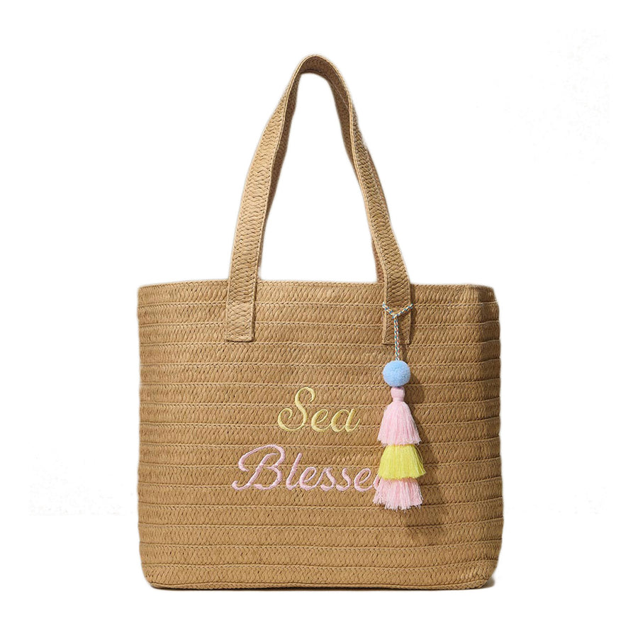 Neutral Raffia Message Embroidered Summer Tote Bag