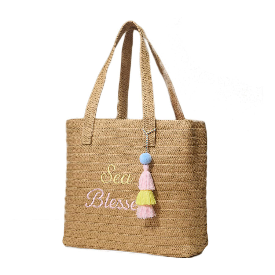 Neutral Raffia Message Embroidered Summer Tote Bag