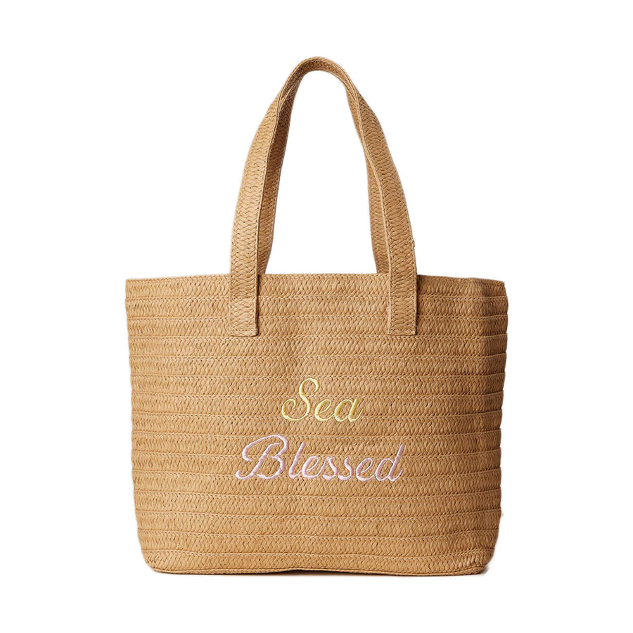 Neutral Raffia Message Embroidered Summer Tote Bag