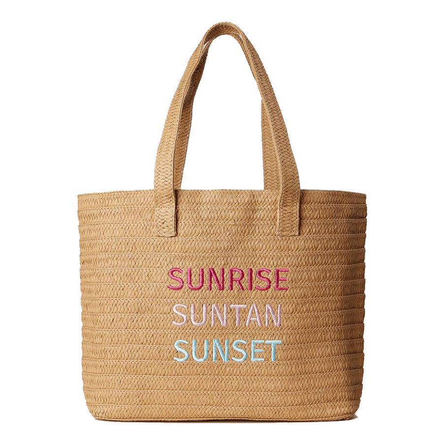 Neutral Raffia Message Embroidered Summer Tote Bag