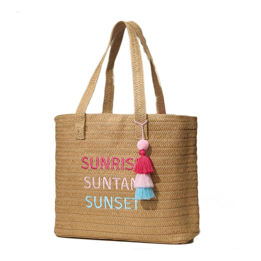 Neutral Raffia Message Embroidered Summer Tote Bag