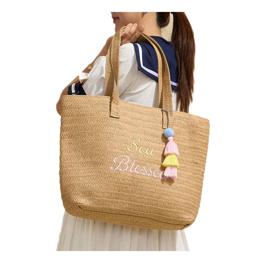 Neutral Raffia Message Embroidered Summer Tote Bag