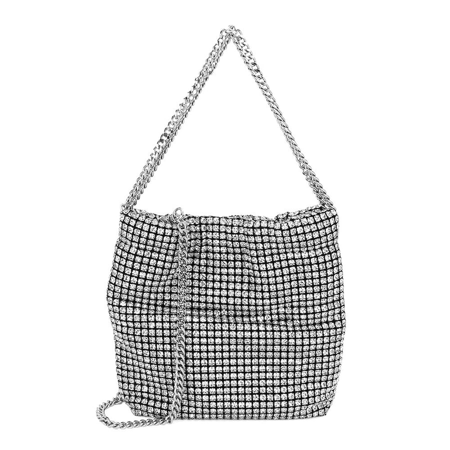 Shimmering Bling Black Clear Rhinestone Mesh Bucket Evening Crossbody Bag