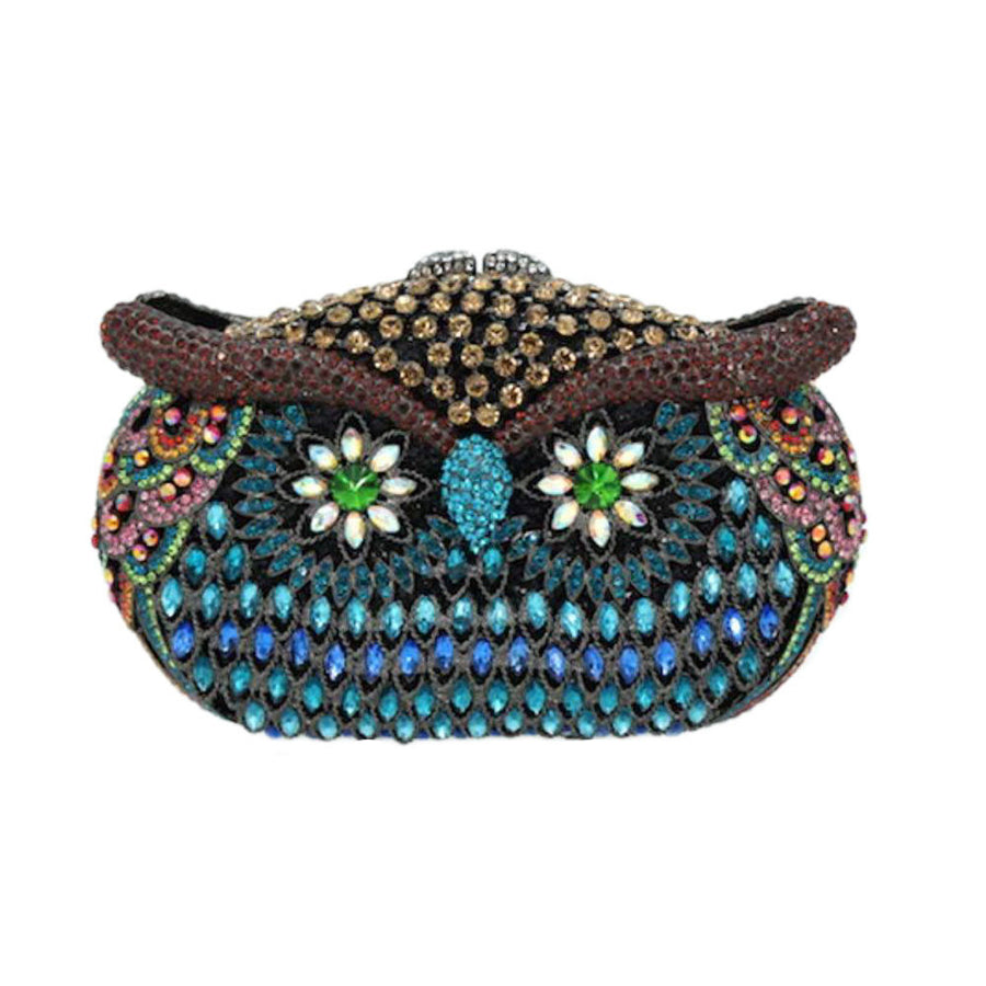 Luxe Bling Multi Blue Owl Evening Clutch Case Bag