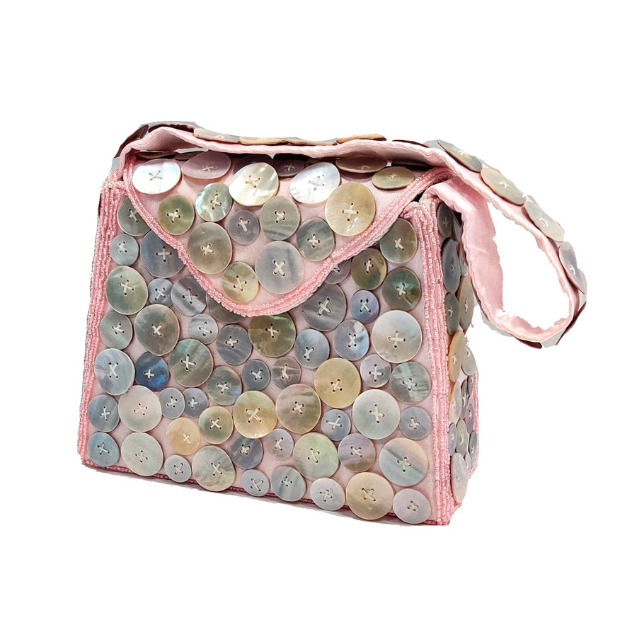 Lustrous Pink Silk Mother Of Pearl Shell Button Tote  Handbag