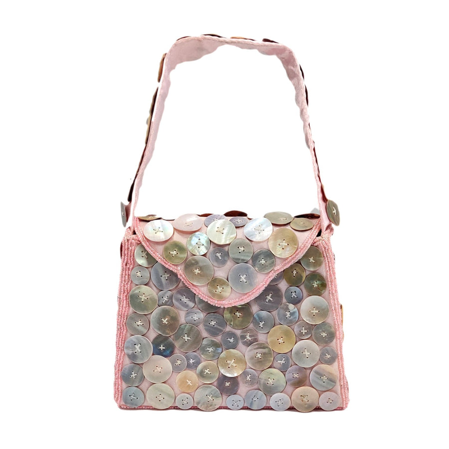 Lustrous Pink Silk Mother Of Pearl Shell Button Tote  Handbag