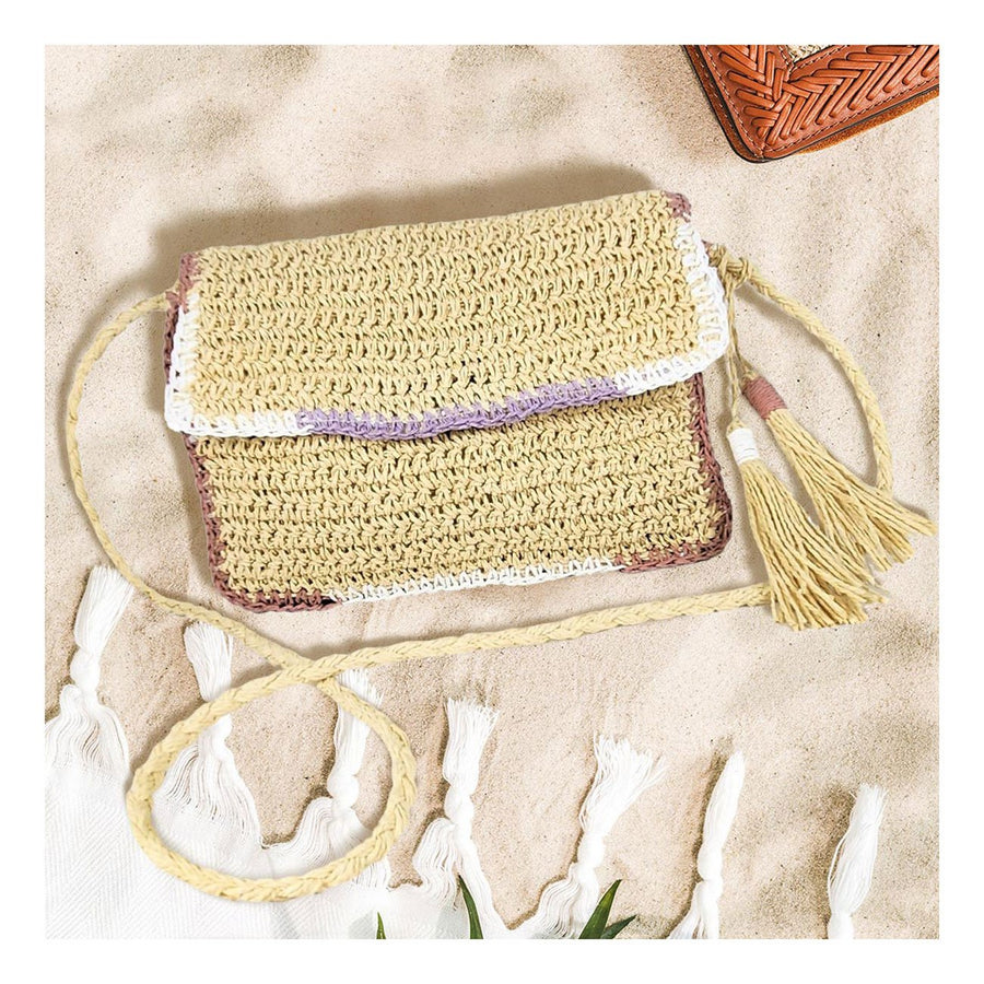 Double Tassel Pointed Ivory Color Block Straw Crossbody Bag