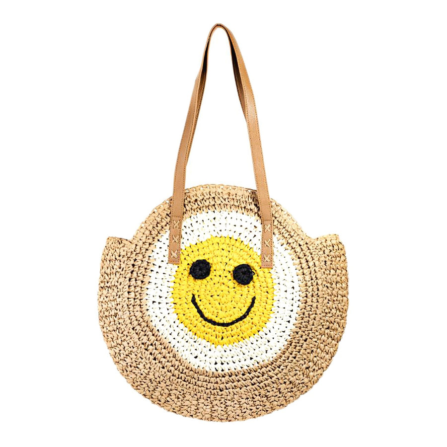 Beige Smile Pointed Color Block Straw Round Shoulder Bag