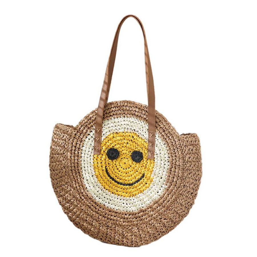 Beige Smile Pointed Color Block Straw Round Shoulder Bag