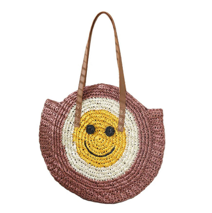 Beige Smile Pointed Color Block Straw Round Shoulder Bag