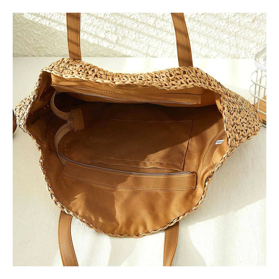 Beige Smile Pointed Color Block Straw Round Shoulder Bag