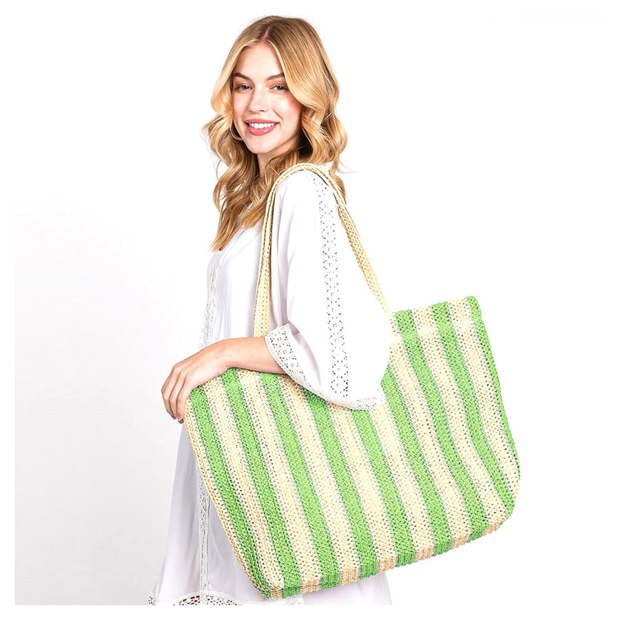 Oversize Green Stripe Straw Crochet Tote Bag