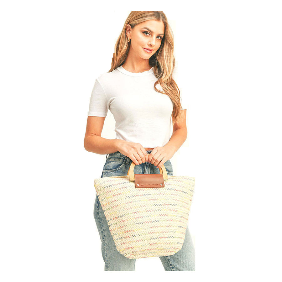 Taupe Zigzag Chevron Wooden Handle Straw Tote Bag