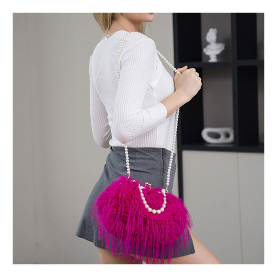 Hot Pink Furry Pearl Handle Shoulder Crossbody Bag