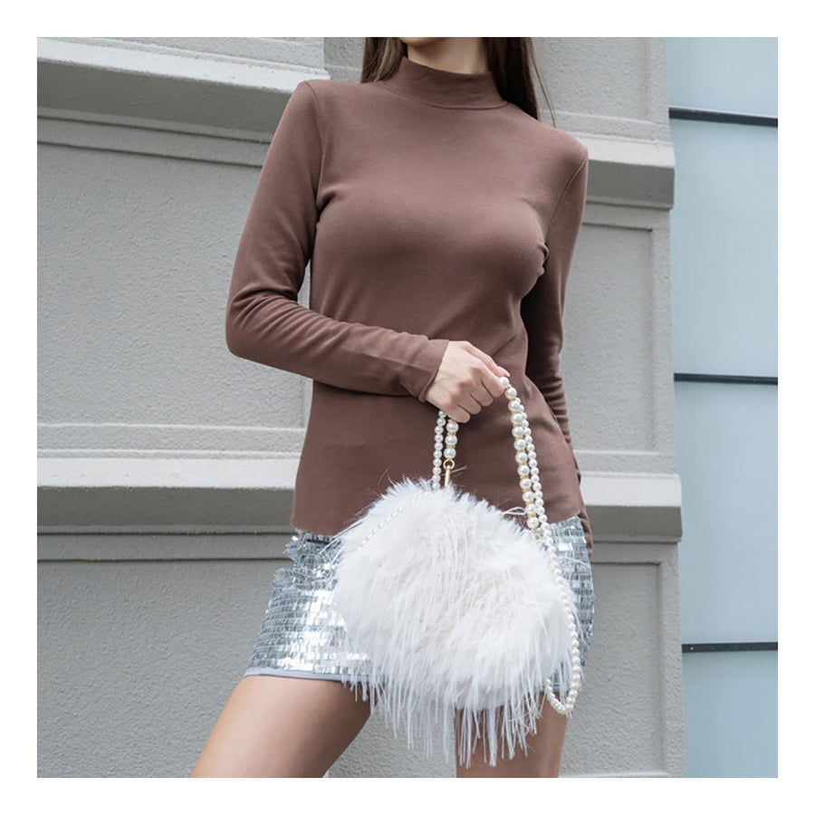 Hot Pink Furry Pearl Handle Shoulder Crossbody Bag