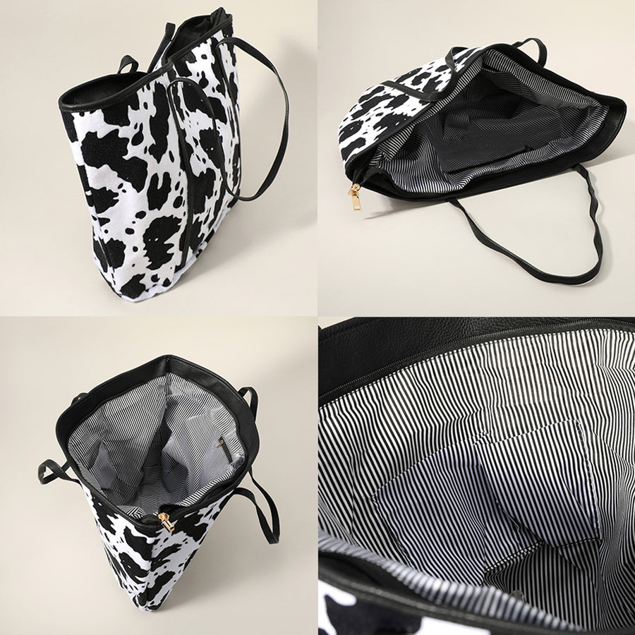 Beige Cow Pattern Shoulder Tote Bag