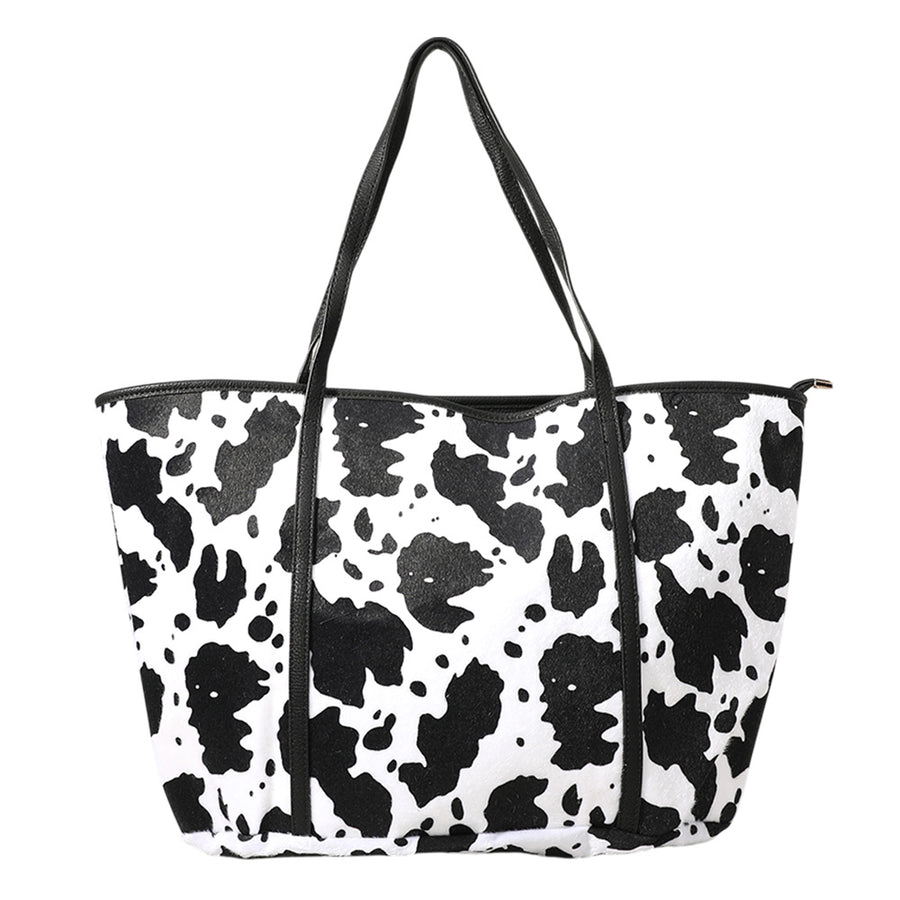 Beige Cow Pattern Shoulder Tote Bag
