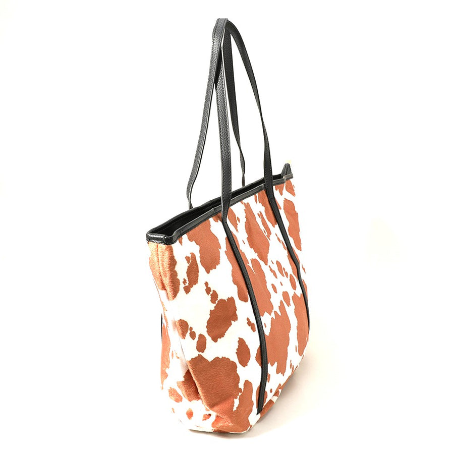 Beige Cow Pattern Shoulder Tote Bag