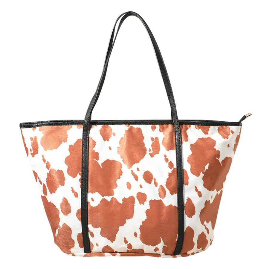 Beige Cow Pattern Shoulder Tote Bag