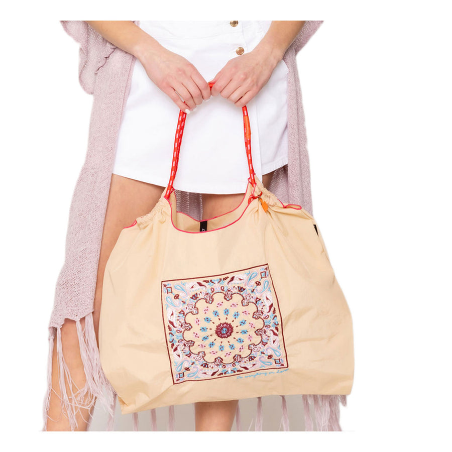 Pink Green Paisley Pattern Rope Nylon Tote Bag