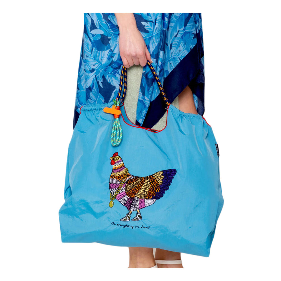 Turquoise Embroidered Chicken Rope Nylon Tote Bag